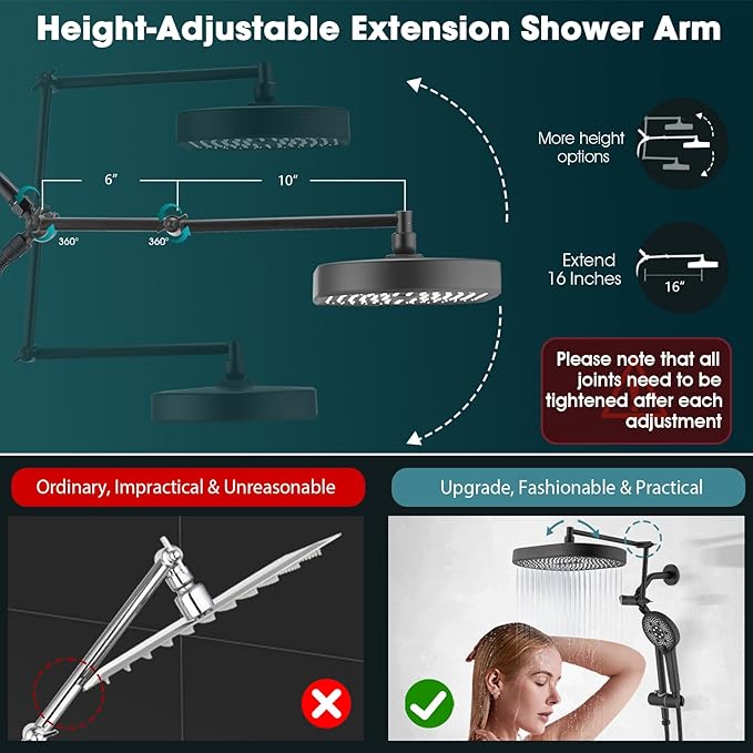 14" x 8" Rectangle High Pressure Rainfall Shower Head with Handheld Combo, 6 Setting Handheld Shower Head, Adjustable Height Shower Extension Arm and Slide Bar for Easy Reach - Matte Black