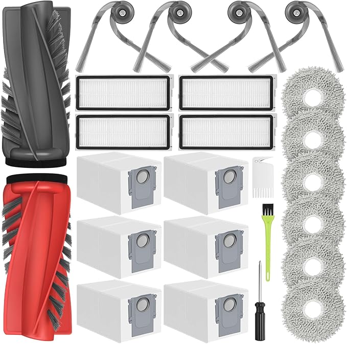 25PCS Qrevo S5V Replacement Accessories Kit Compatible with Roborock Qrevo Curv/Curv S5X/Qrevo Edge/Edge S5A Includes Dual Main Brush, HEPA Filters, Mop Pads, Side Brushes, Dust Bag and Tools
