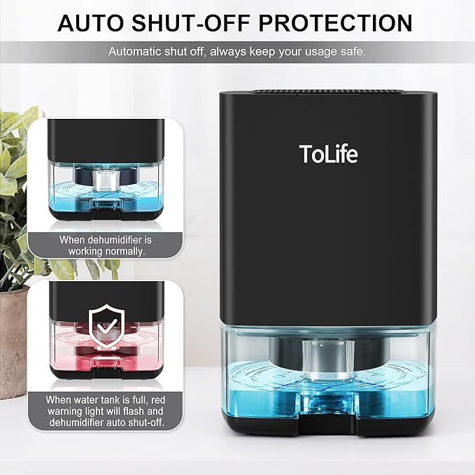 ToLife Dehumidifiers for Home 30 OZ Water Tank with Auto-Off 500 sq.ft Portable Small Dehumidifier for Bathroom Bedroom RV Closet Room 7 Colors LED Light, Black