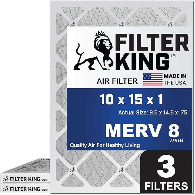 Filter King 10x15x1 Air Filter | 3-PACK | MERV 8 HVAC Pleated A/C Furnace Filters | MADE IN USA | Actual Size: 9.5 x 14.5 x .75"