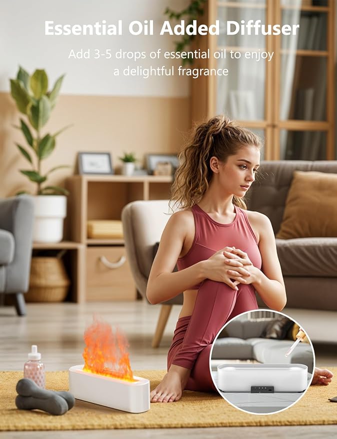 Flame Air Diffuser, Humidifier, Essential Oil Diffuser - 7 Colors, 180mL Capacity (8 Hours), Noiseless Operation, Auto-Off Protection - Perfect for Home Bedroom Office Gifts(White)