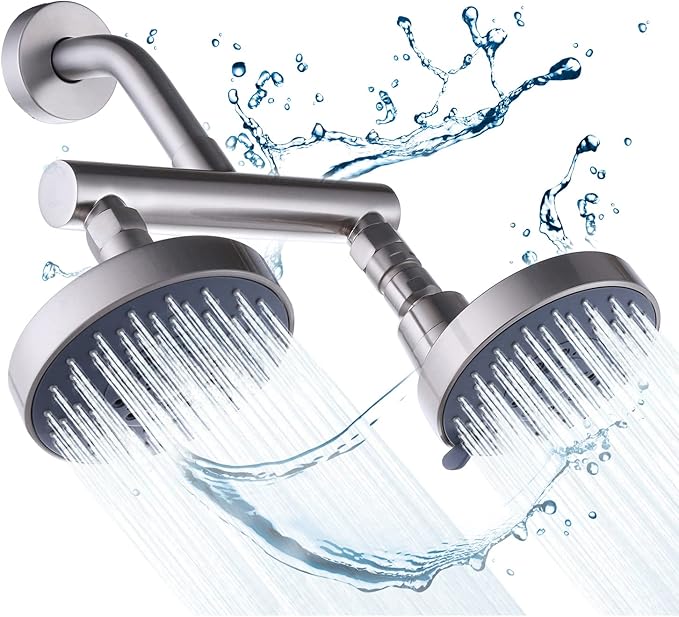 AZOS Double Shower Head with Shut-Off Valve, Bathathroom High Pressure Dual Fixed Rain Shower Head Combo with Brass Dual Outlet Manifold, Adjustable 5 Function Showerhead Brushed Nickel