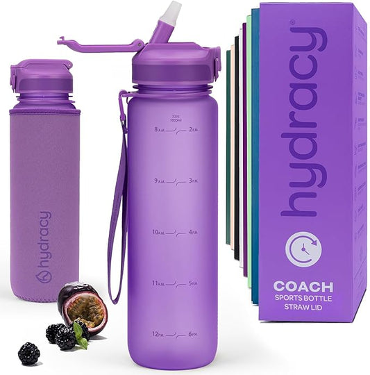 Hydracy Water Bottle with Time Marker -Large BPA Free Water Bottle & No Sweat Sleeve -Leak Proof Gym Bottle with Fruit Infuser Strainer & Times to Drink -Ideal for Fitness Sports & Outdoors