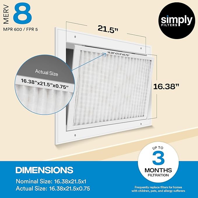 Simply 16.38x21.5x1 Air Filter, Merv 8, MPR 600, 6 Pack, For Home AC Furnace & HVAC (Actual Size: 16.13x21.5x"x0.75") DUST, Pet, & Allergy Control
