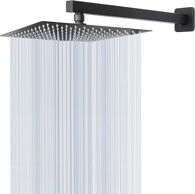 HarJue Shower Head with Extension Arm, High Pressure Square with ShowerArm, Stainless Steel Rainfall-Waterfall Full Body Coverage (10'' Shower with 16'' Arm, Matte Black)