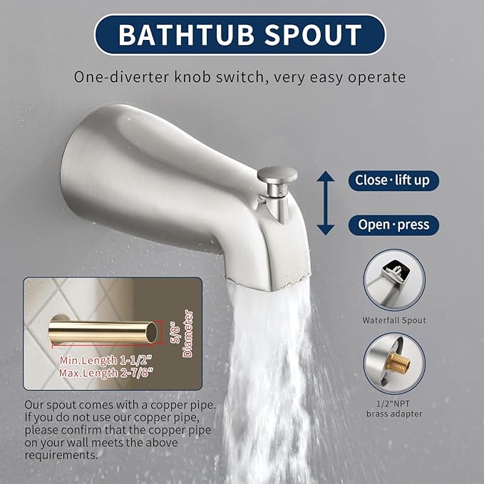 Tub and Shower Faucet Set Complete Dual Shower Head and Handheld 2 in 1 Combo Set Shower System with Tub Spout Tub and Shower Trim Kit Brushed Nickel