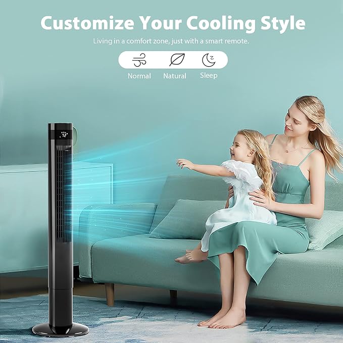 Antarctic Star Tower Fan Portable Floor Fans 85°Oscillating Fan 43'' Quiet Cooling 12H Timer Remote Control Standing Bladeless Electric 3 Speeds Wind 3 Modes Bedroom Office(43 inch, Black)