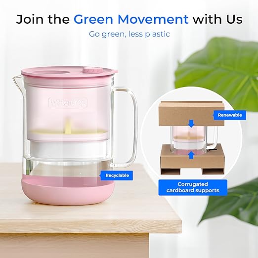 Waterdrop Glass Water Filter Pitcher with 1 Filter, Eco-Friendly, with NSF 53&42&372 Certified Filter, 7-Cup, Reduces PFOA/PFOS, Chlorine, Cadmium, Copper, Mercury, BPA Free, Easy to Clean, Pink