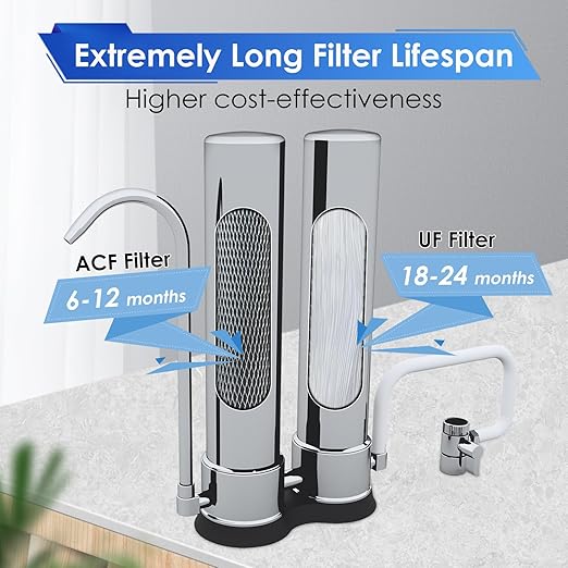 Countertop Water Filter System,Direct Connect Water Filtration-0.01μm Filtration Reduces PFOA/PFOS,Chlorine,Heavy Metals,Bad Odors-C2 and UF Filter