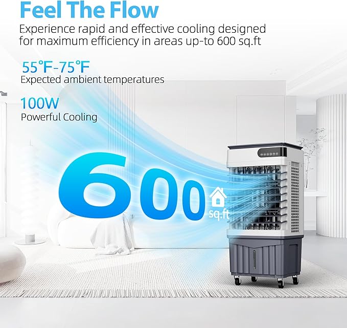 Swamp Cooler Air Conditioners, Large 8.3-Gal Tank for 7d Cooling, 4-IN-1 Portable Evaporative Cooler with LED Touch Screen, 3 Fan Speeds,12H Timer and Remote, 600 sq ft, Ideal for Large Rooms