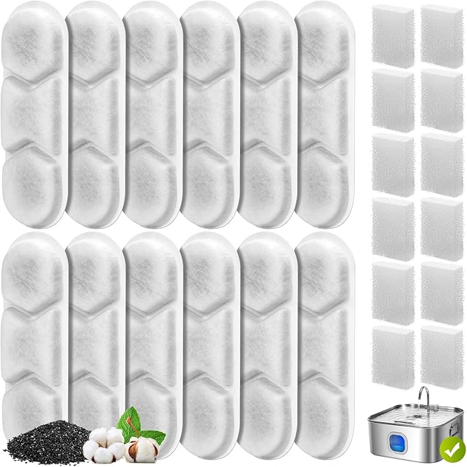 12 Pack Dog Water Fountain Replacement Filters for 410oz/3.2Gal/12L Pet Water Dispenser, ZEKIRY Pet Fountain Filter, 4-Layer Filtration Cat Drinking Bowl Filters and Pump Sponges