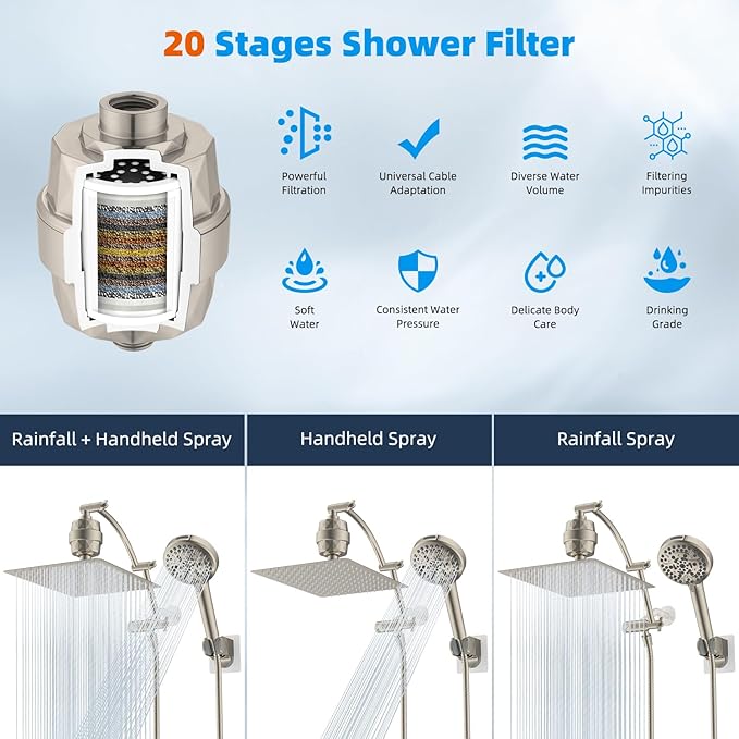 Hibbent All Metal 12'' Filtered Rainfall Shower Head Combo, High Pressure Handheld Shower Head with 16'' Adjustable Extension Arm, 20 Stage Shower Filter, 10-spray, 71'' Shower Hose, Brushed Nickel