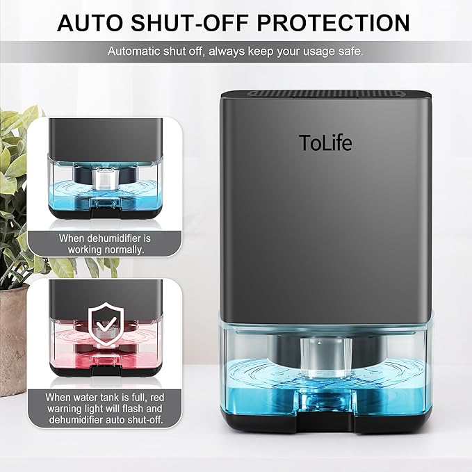 ToLife Dehumidifiers for Home 30 OZ Water Tank with Auto-Off 500 sq.ft Portable Small Dehumidifier for Bathroom Bedroom RV Closet Room 7 Colors LED Light, Gray