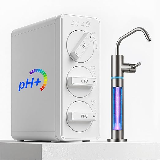 LCF 0.01μm Ultra-Filtration Under Sink Water Filter System, 3-Stage Alkaline Mineral pH+ Water Purifier, LED UV͎ Ultrąviolët SUS304 Faucet, Reduces up to 99.9% of Baçtёria, Bad Taste & Chlorine