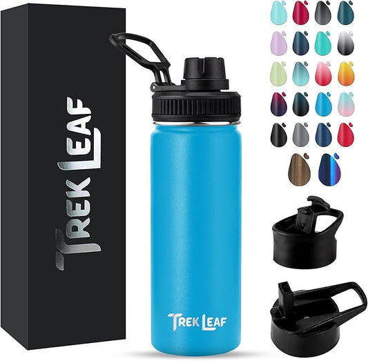 Travel Water Bottle with 3 Lids (Spout, Straw, Flip) Leak Proof, Quality, Vacuum Insulated, Stainless Steel (Ocean Blue, 18 oz)