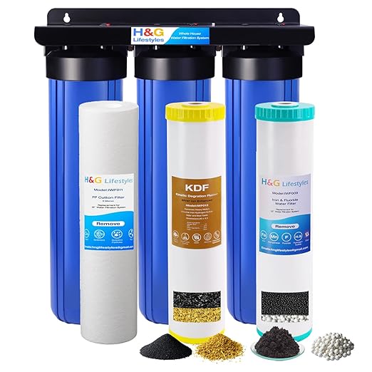 H&G Lifestyles Whole House Water Filtration System,Iron and Manganese Water Filter for Well Water,Remove Heavy Metal Chlorine Odor,Improve Water Taste,3 Stage Whole Home Water Filtering System