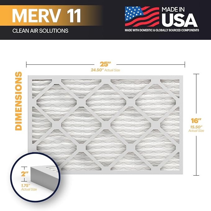 BNX TruFilter 16x25x2 Air Filter MERV 11 (4-Pack) - MADE IN USA - Allergen Defense Electrostatic Pleated Air Conditioner HVAC AC Furnace Filters for Allergies, Dust, Pet, Smoke, Allergy MPR 1200 FPR 7