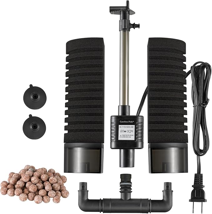 Carefree Fish Aquarium Filter with Water Pump 4 Sponges and 1 Bag of Filtered Ceramic Balls Fish Tank Quiet Filter for Salt Water and Fresh Water