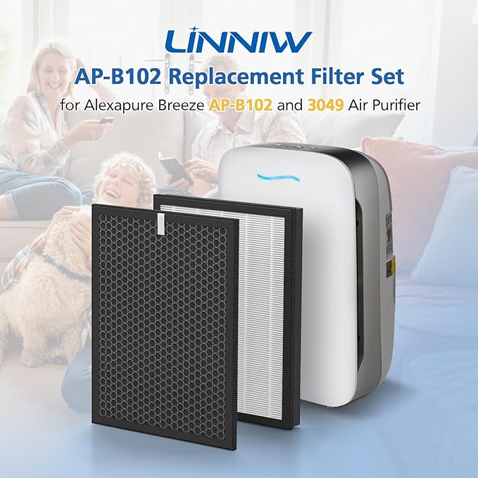 AP-B102 HEPA Replacement Filter Set Compatible with Alexapure Breeze AP-B102 and 3049 Air Purifier, Replaces Part # AP-B103(HEPA Filter) and #AP-B104(Carbon Filter), 2 HEPA + 2 Carbon Filters