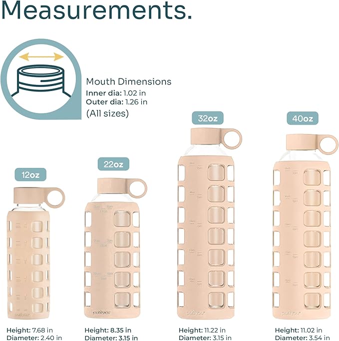 purifyou 40oz / 32oz / 22oz / 12oz Borosilicate Glass Water Bottle with Time & Volume Markers, Silicone Sleeve, Stainless Steel Lid | Reusable Glass Bottle for Water & Juice (22oz Hazelnut)