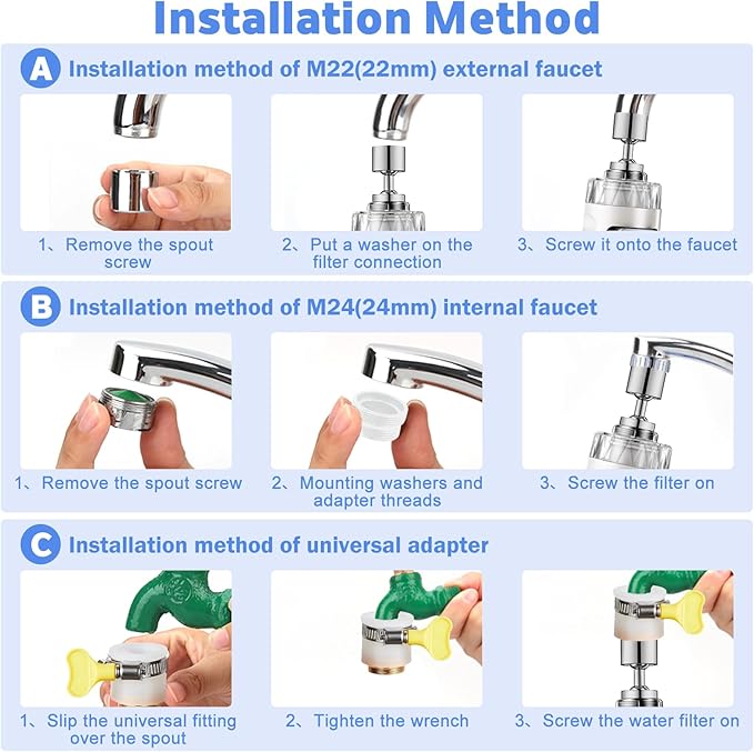 2 Pack Sink Water Filter Faucet, Universal 360 ° Rotating Faucet Filter for Kitchen Sink, 3 Modes Bathroom Faucet Filter Removes Chlorine Fluoride Heavy Metals Hard Water for Home Kitchen & Bathroom