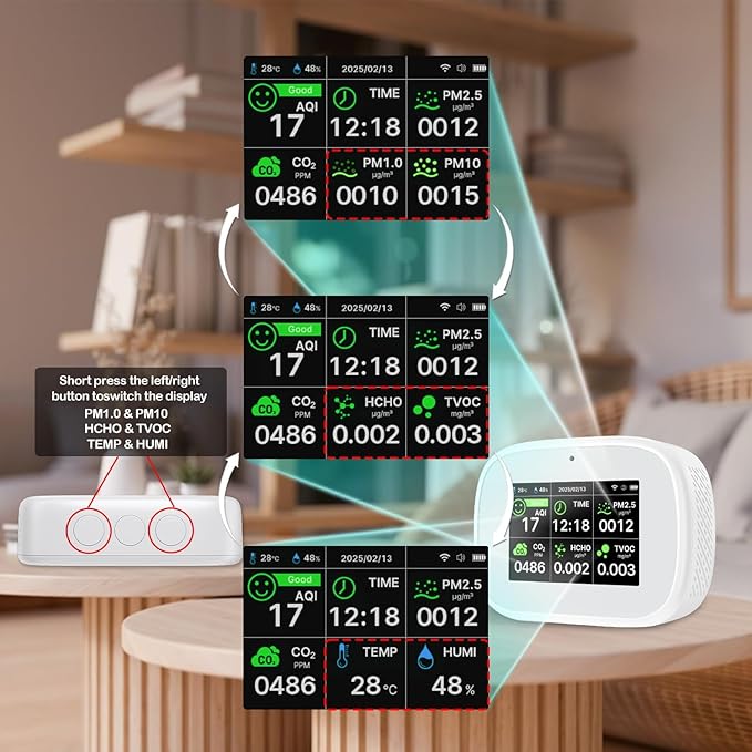 18-in-1 Smart Air Quality Monitor - Indoor WiFi Air Quality Detector with Dual Chip, Real-Time for AQI, CO2, PM2.5, PM1.0, PM10, TVOC, HCHO, Time Display, Temperature & Humidity with APP (White-Black)