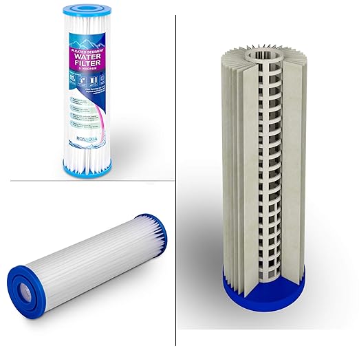 10 Inches European Design Transparent Standard Whole House Water Filter System with Presser Relief Valve, 3/4” Inlet/Outlet Brass Port and Yearly Supply (4) Pleated Sediment Cartridges 5 Micron