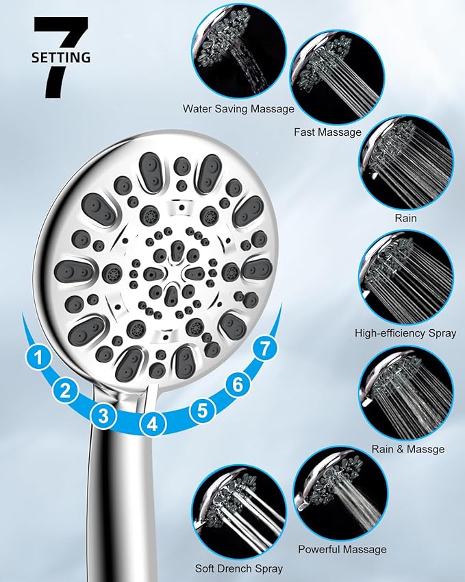 Hibbent Thickness 8'' Rain Shower Head, High Pressure Handheld Spray, Showerhead Combo with 16'' Adjustable Arc Shower Extension Arm, 7 Settings, 71'' Hose, Adhesive Showerhead Holder, Chrome