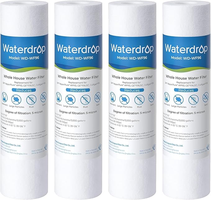 Waterdrop 5 Micron 10" x 2.5" Whole House Water Filter Replacement Cartridge, Sediment Water Filter Replacement for Any 10 inch RO Unit, Aqua-Pure® AP110, Culligan® P5, WHKF-GD05, 4 Pack