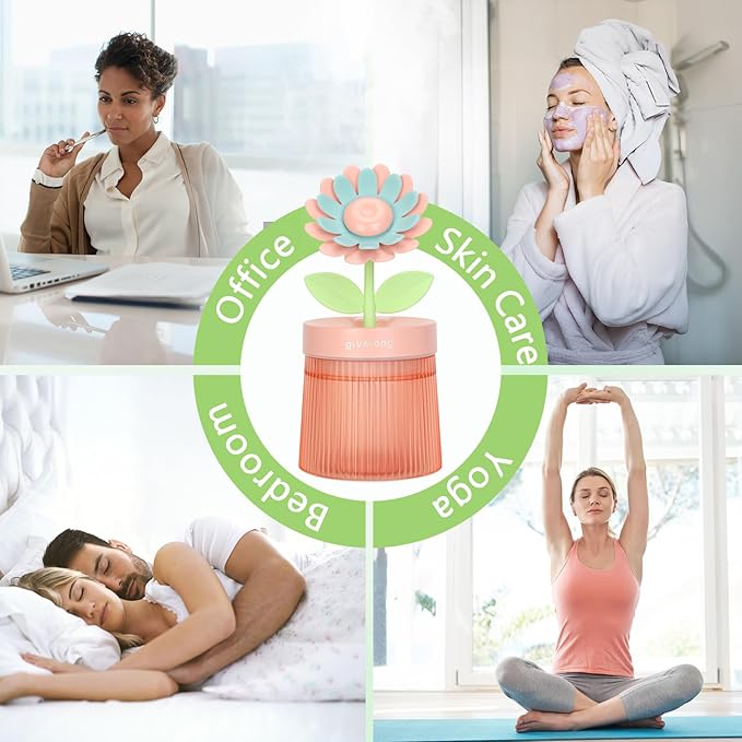 Cute Flower Mini Humidifier, 260ml Sunflower Portable Small Humidifier, Desktop Humidifiers Cool Mist Humidification for Home, Bedroom, Baby Nursery, Office & Indoor Plants, USB Powered (Pink)