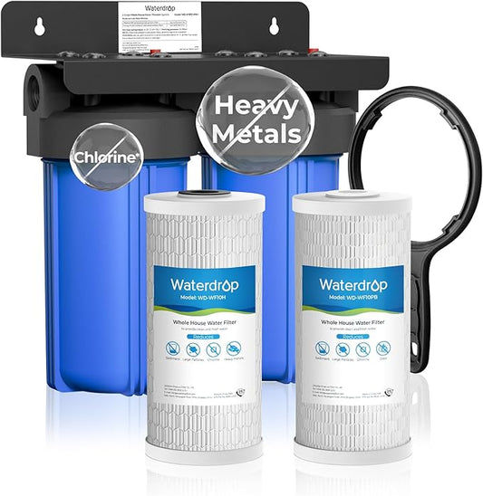 Waterdrop 2 Stage Whole House Water Filter System, with Heavy Metal Sediment Filter, Highly Reduce Mercury, Lead, Iron, Manganese, Chlorine for Well/City Water, WD-WHF21-PBH, 1" Inlet/Outlet