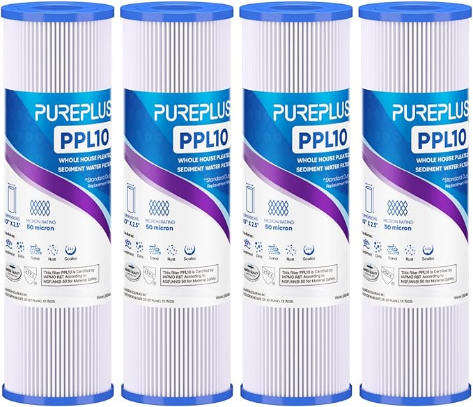 PUREPLUS 50 Micron 10"x2.5" Whole House Pleated Sediment Filter for Well Water, Replacement Cartridge for Universal 10 inch RO System, W50PE, WFPFC3002, SPC-25-1050, FM-50-975, 801-50, WB-50W, 4Pack