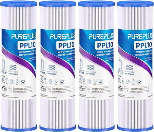 PUREPLUS 50 Micron 10"x2.5" Whole House Pleated Sediment Filter for Well Water, Replacement Cartridge for Universal 10 inch RO System, W50PE, WFPFC3002, SPC-25-1050, FM-50-975, 801-50, WB-50W, 4Pack