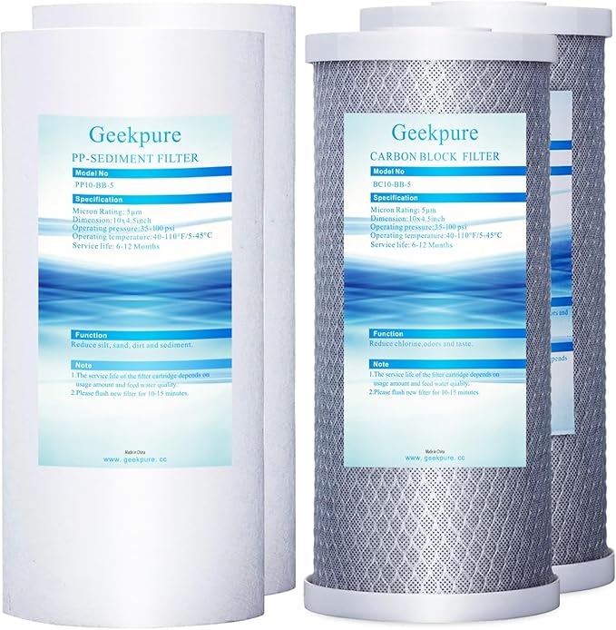Geekpure 10 Inch Whole House Water Filters Set w/PP and Carbon Block -4.5"x 10"-5 Micron