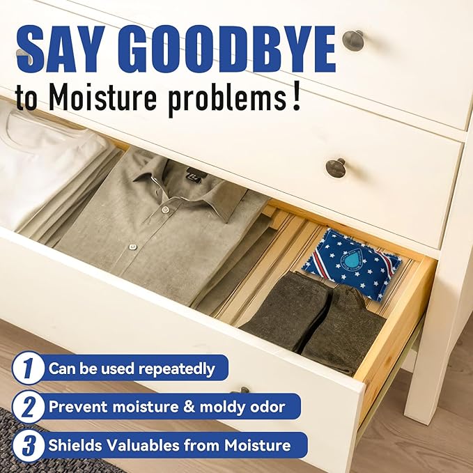 Rechargeable Dehumidifier Bags 5 Pack (100g Each) - Silica Gel Moisture Absorbers for Closet, Car, Gun Safe, Garage Storage, RV - Reusable by Microwave Heating