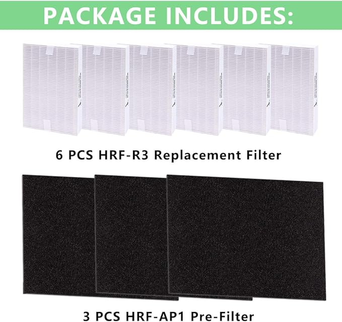 9 Pack HPA300 HEPA Filter Replacement for Honeywell Air Purifiers HPA300, HPA304, HPA8350, HPA300VP, HPA3300b, HPA5300, Replace HRF-R3, Pack of 6 HEPA R Filters and 3 Pre filters A HRF-AP1