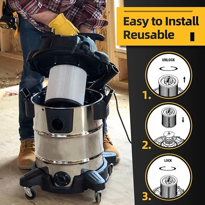 2 Pack DXVC6910 Cartridge Filter Replacement for DEWALT 6,9,10,12,14,16 Gallon Wet/Dry Vac, Compatible with DeWalt DXV06P DXV09P DXV10P DXV10PL DXV10SA DXV12P DXV14P DXV16P, Washable and Reusable