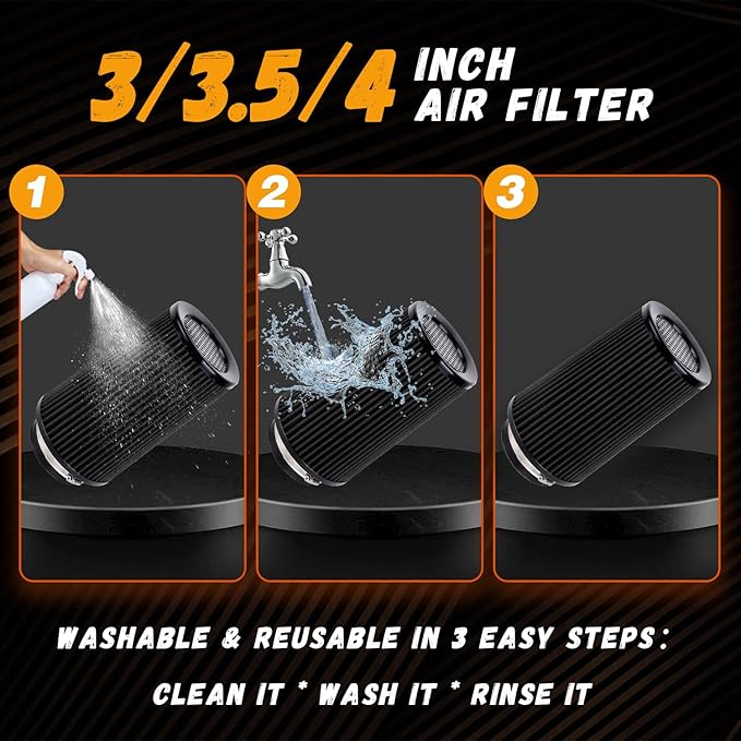 4-Inch Cold Air Intake Filter - Washable, High Performance, 3" or 3-1/2" or 4" Clamp-On Filter Height: 9 In Replacement Cone Air Filter Universal 3 Sizes in 1 (Black)