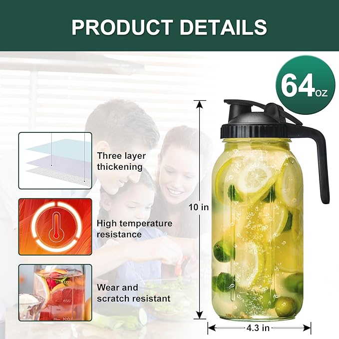 Glass Mason Jars Pitcher 64 Oz Pour Spout Lids & Handle (2 Pack) Wide Mouth Airtight Leak Proof Fridge Breast Milk Pitcher With Top Flip Cap 2 Quart Water Jug For Cold Brew Coffee, Iced Tea,