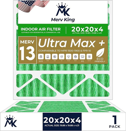 MervKing 20x20x4 Air Filter Actual Size: 19.88" x 19.88" x 4.31" MERV 13 MPR 1500-1900 | MADE IN USA | 1-Pack | Pleated HVAC AC Furnace Replacement