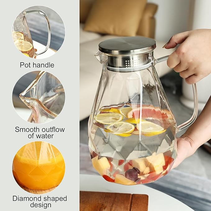 Glass Pitcher with Lid,1 Gallon Glass Water Pitcher Hot/Cold Water Jug, Juice and Iced Tea Beverage Carafe with Lid (Extra-Wide Mouth)