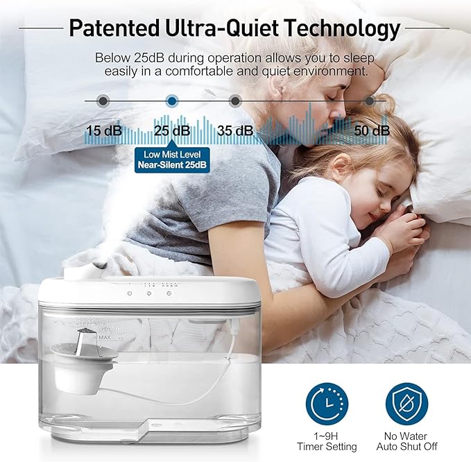 Top Fill Humidifiers for Bedroom Large Room, Super Easy Clean Humidifier with Only 3 Washable Parts to Clean, 1.3Gal 4.5L Ultrasonic Cool Mist Humidifier, Filter-free, 25dB Ultra-quiet for Baby