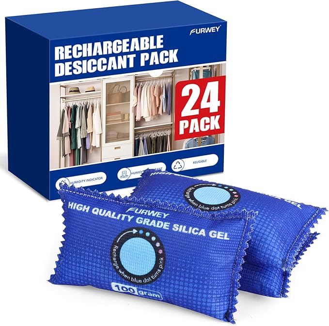 100g [ 24 Packs] Rechargeable Desiccant Packs for Storage, Color Indicating Silica Gel Desiccant Packets, Moisture absorbers for Storage,Dehumidifier bag for Closets,Cars,Storage Bins