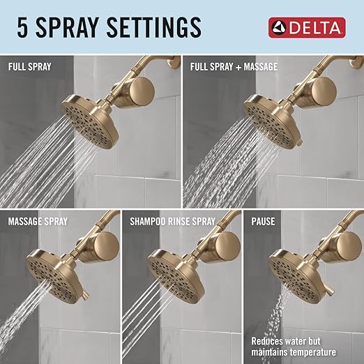 Delta Faucet 5-Setting Shower Head Gold with Clarifi Standard Shower Filter Attachment with Filter