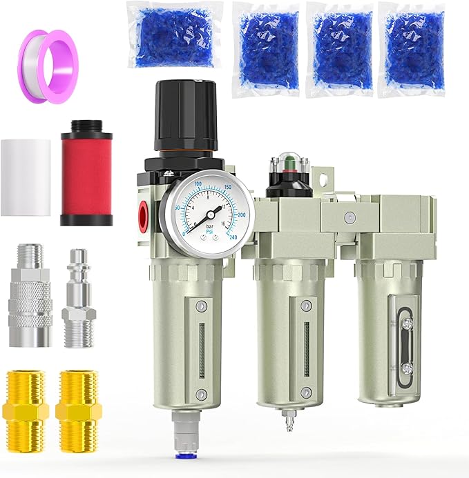 3/4" NPT Heavy Duty Industrial Grade 3 Stage Air Drying System, Auto Drain, Coalescing Filter, Particulate Filter, Desiccant Dryer and Air Regulator For Plasma Cutter and Paint Spray