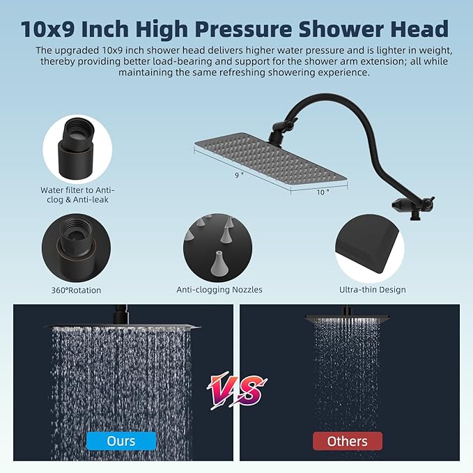Hibbent All Metal 10'' Dual Filtered Rainfall Shower Head Combo, High Pressure Handheld Shower Head with 12'' Adjustable Extension Arm, 20 Stage Shower Filter, 10-spray, 71'' Hose, Oil Rubbed Bronze