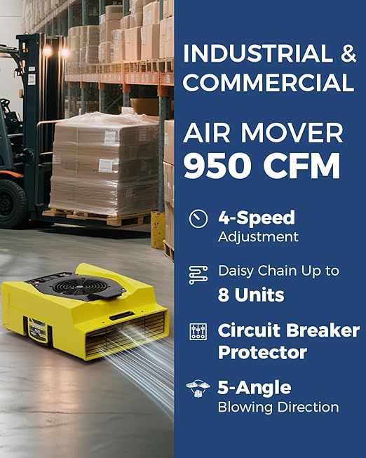 ALORAIR Zeus 900 Air Mover Commercial Blower for Carpets, Walls, Plumbing Use, Variable Speed Floor Blower Fan, 950 CFM with 1.8 Amps, Circuit Breaker Protection,on-Board Duplex GFCI, Yellow