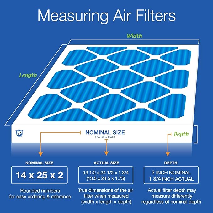 Nordic Pure 14x25x2 (13 1/2 x 24 1/2 x 1 3/4) Pleated Air Filters MERV 7 Plus Carbon 3 Pack