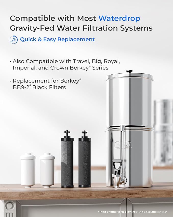 [New Upgraded Ultrafiltration] Waterdrop Black and Fluoride Water Filter, Replacement for Berkey® Black Purification Elements, Berkey® Gravity Water Filter System