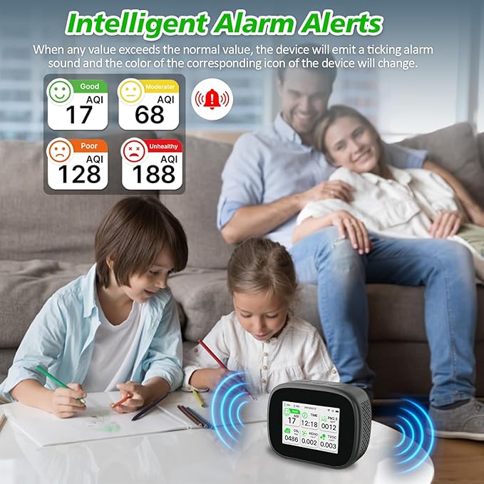 18-in-1 Smart Air Quality Monitor - Indoor WiFi Air Quality Detector with Dual Chip, Real-Time for AQI, CO2, PM2.5, PM1.0, PM10, TVOC, HCHO, Time Display, Temperature & Humidity with Aler (Black-W)